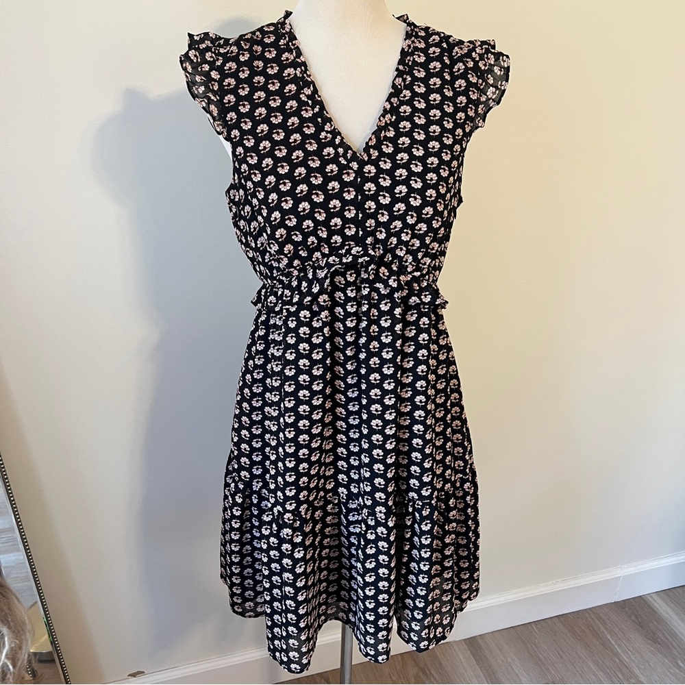 J.Crew Black Floral Ruffle Sleeve Mini Dress Pockets Size 6